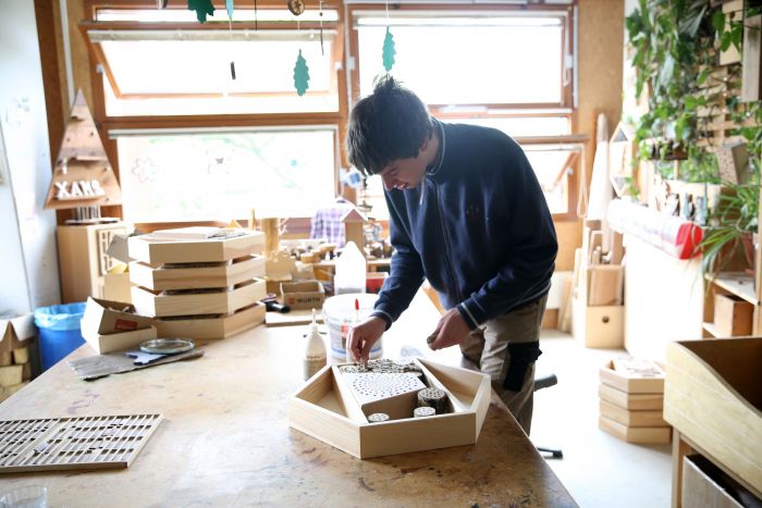 ein junger Mann steht gebeugt über einem Insektenhotel und fügt Holzstückchen dazu, hinter ihm ein Blick iin die Tischlerei-Werkstatt