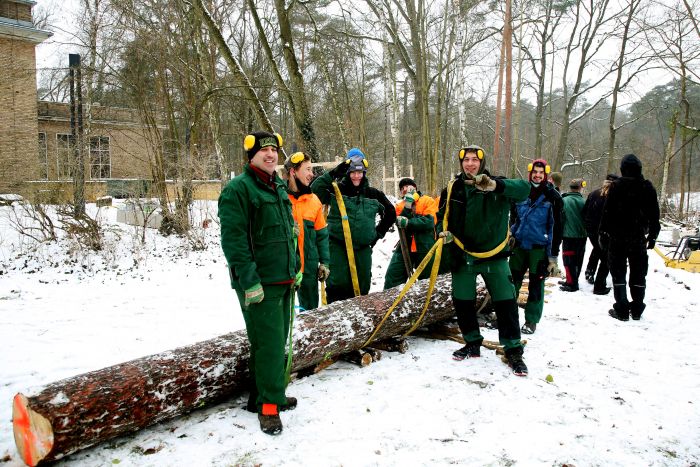 Mehrere Mitarbeiter unserer Forstgruppe neben einem langen Baumstamm im Schnee, Winterarbeiten im Wald